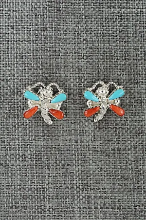 Turquoise, Coral & Sterling Silver Earrings - Erva Quam